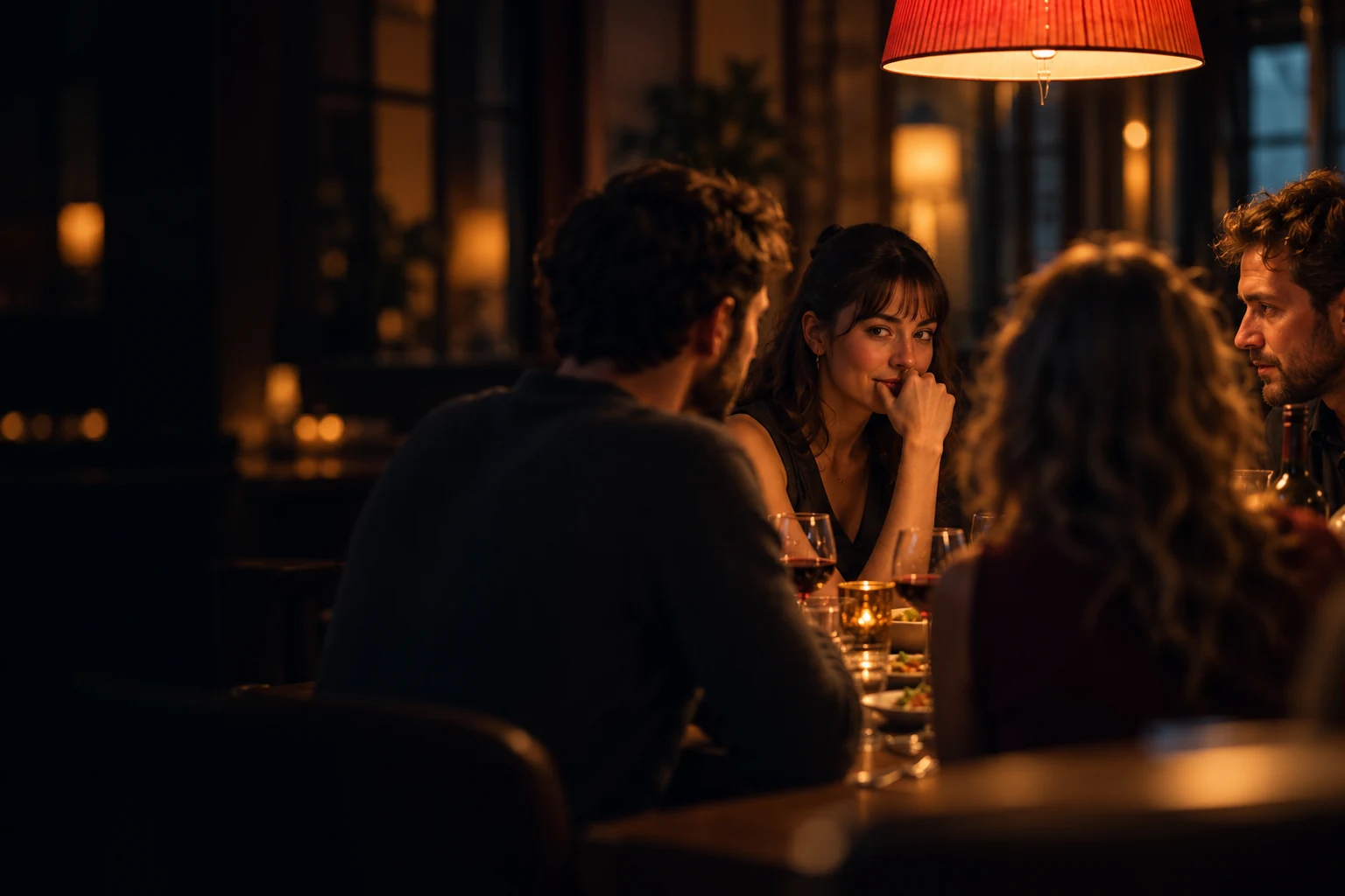 Freunde sitzen im warmen Licht an einem Tisch. Eine Person im Vordergrund ist unscharf zu sehen.